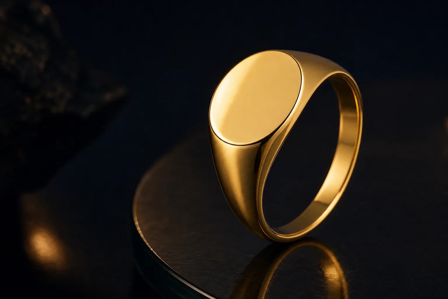 Close-up of a gold signet ring on dark smoked glass, light running along its smooth oval face